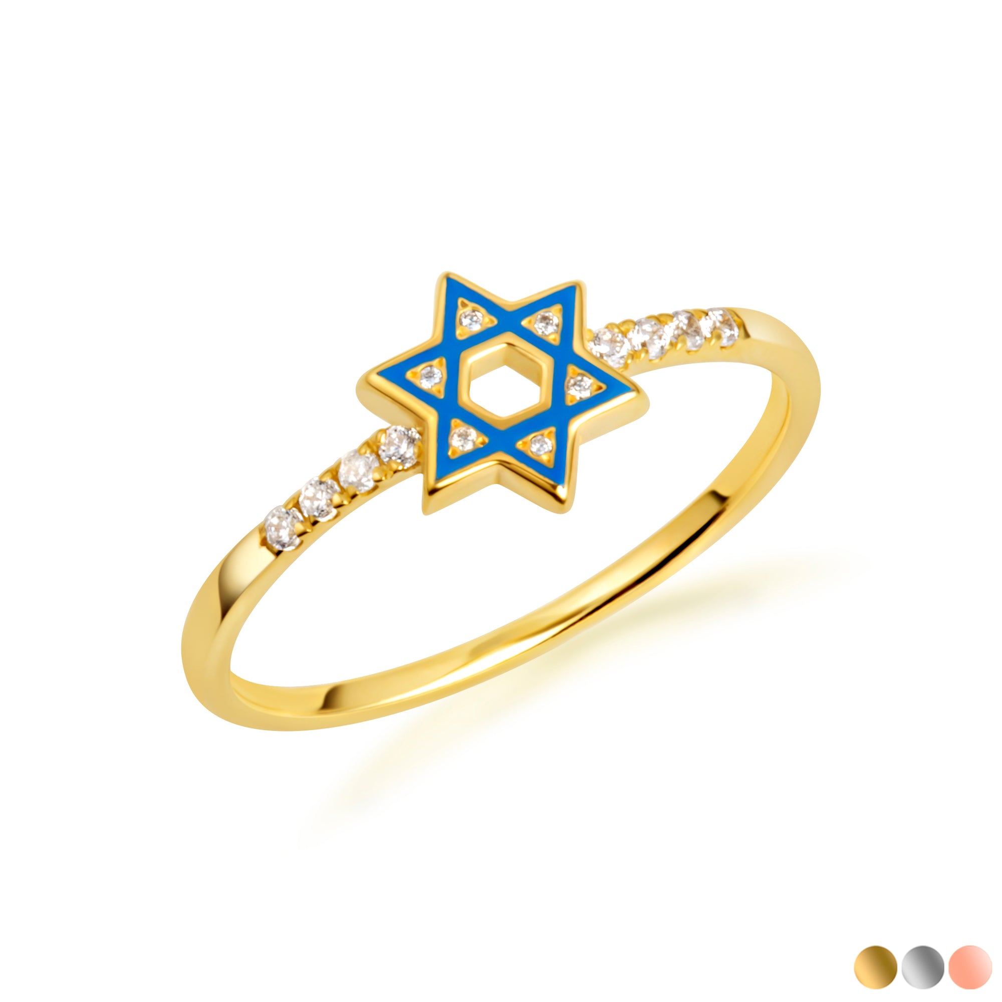 Gold Blue Enamel Jewish Star of David Lab-Grown Diamond Ring