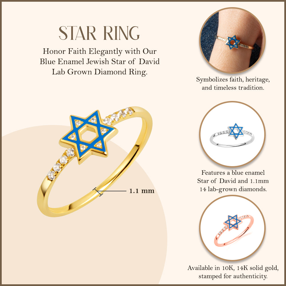 Gold Blue Enamel Jewish Star of David Lab-Grown Diamond Ring, view 3