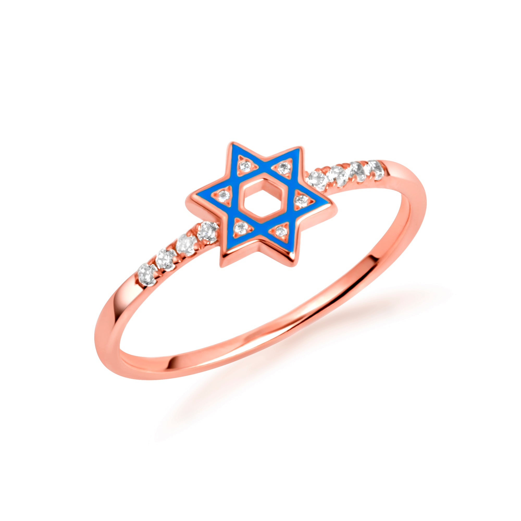 Gold Blue Enamel Jewish Star of David Lab-Grown Diamond Ring, view 4