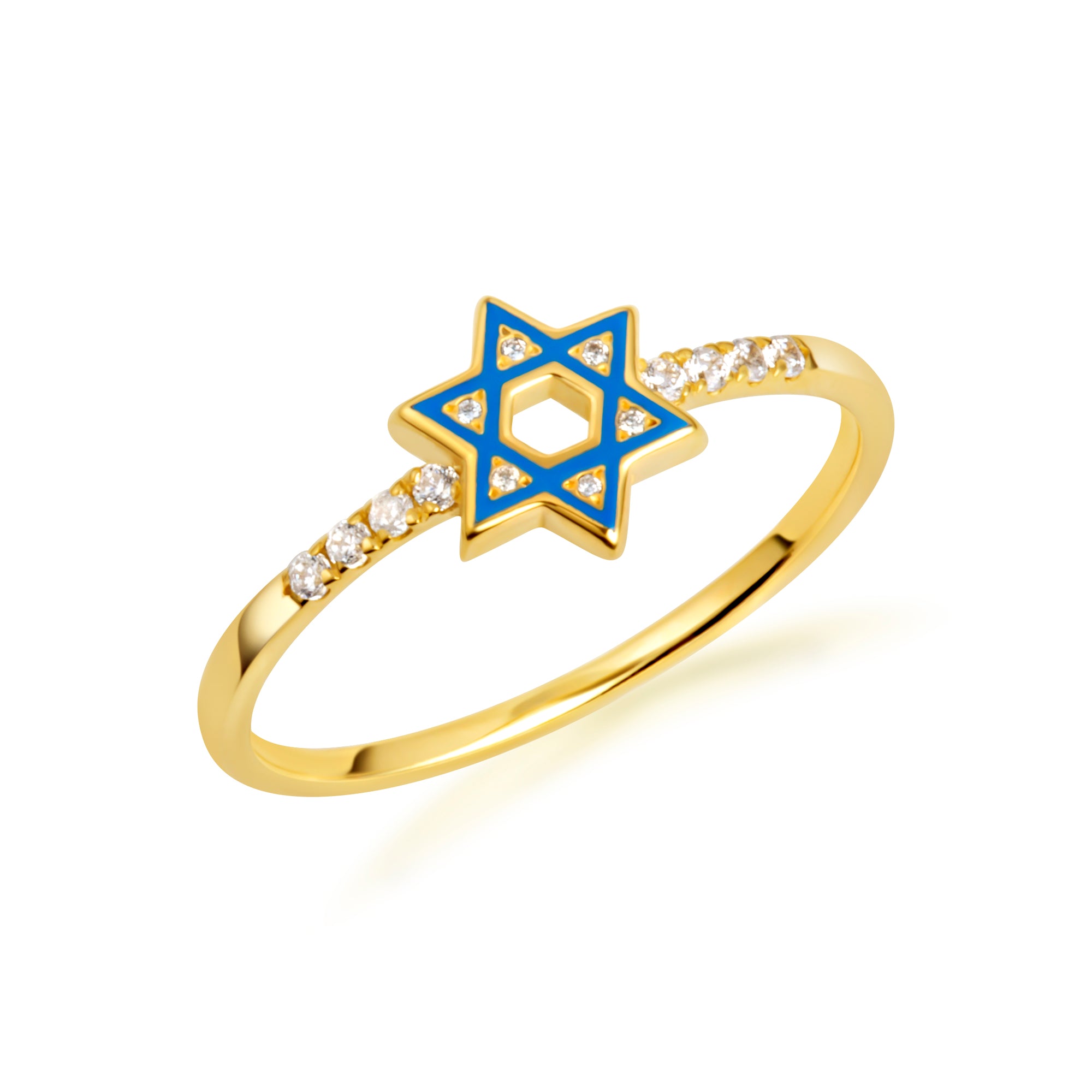 Gold Blue Enamel Jewish Star of David Lab-Grown Diamond Ring, view 6