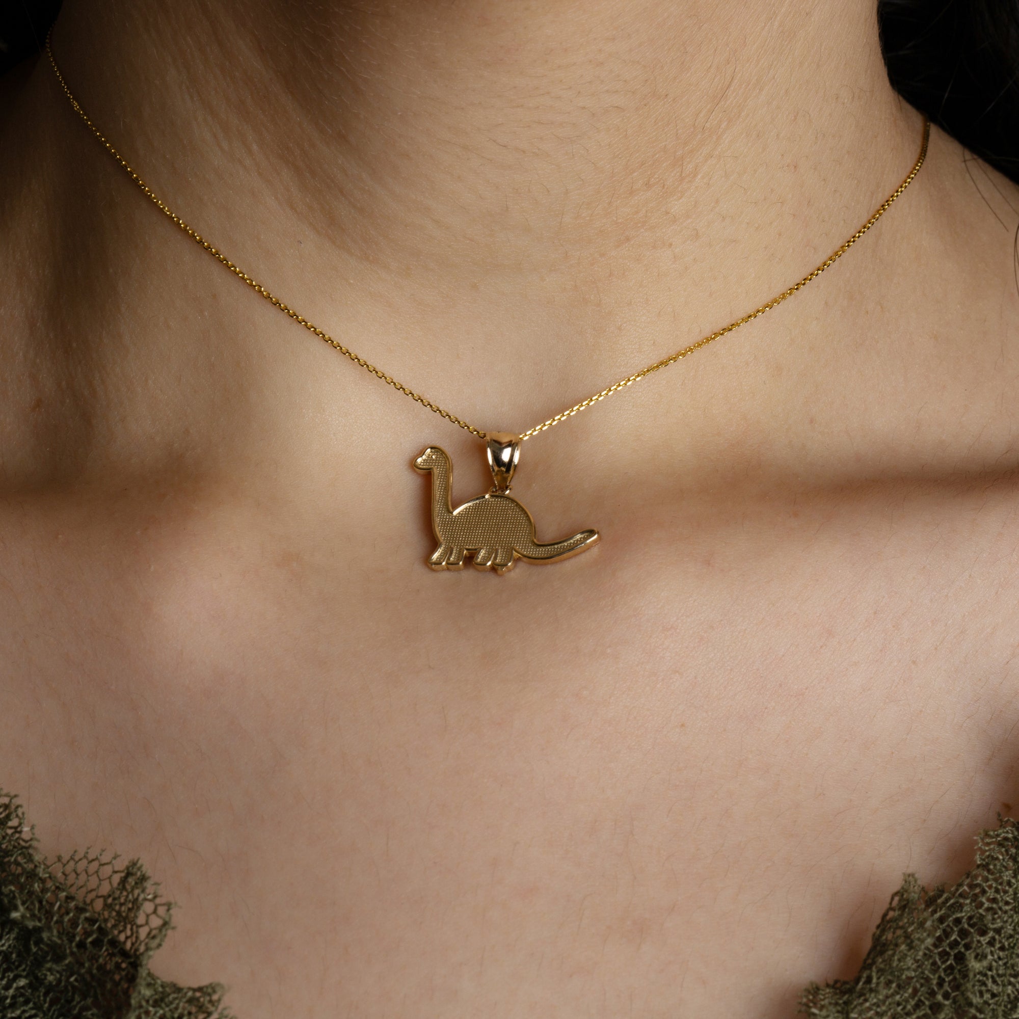 Gold Brachiosaurus Dinosaur Textured Pendant Necklace, view 2