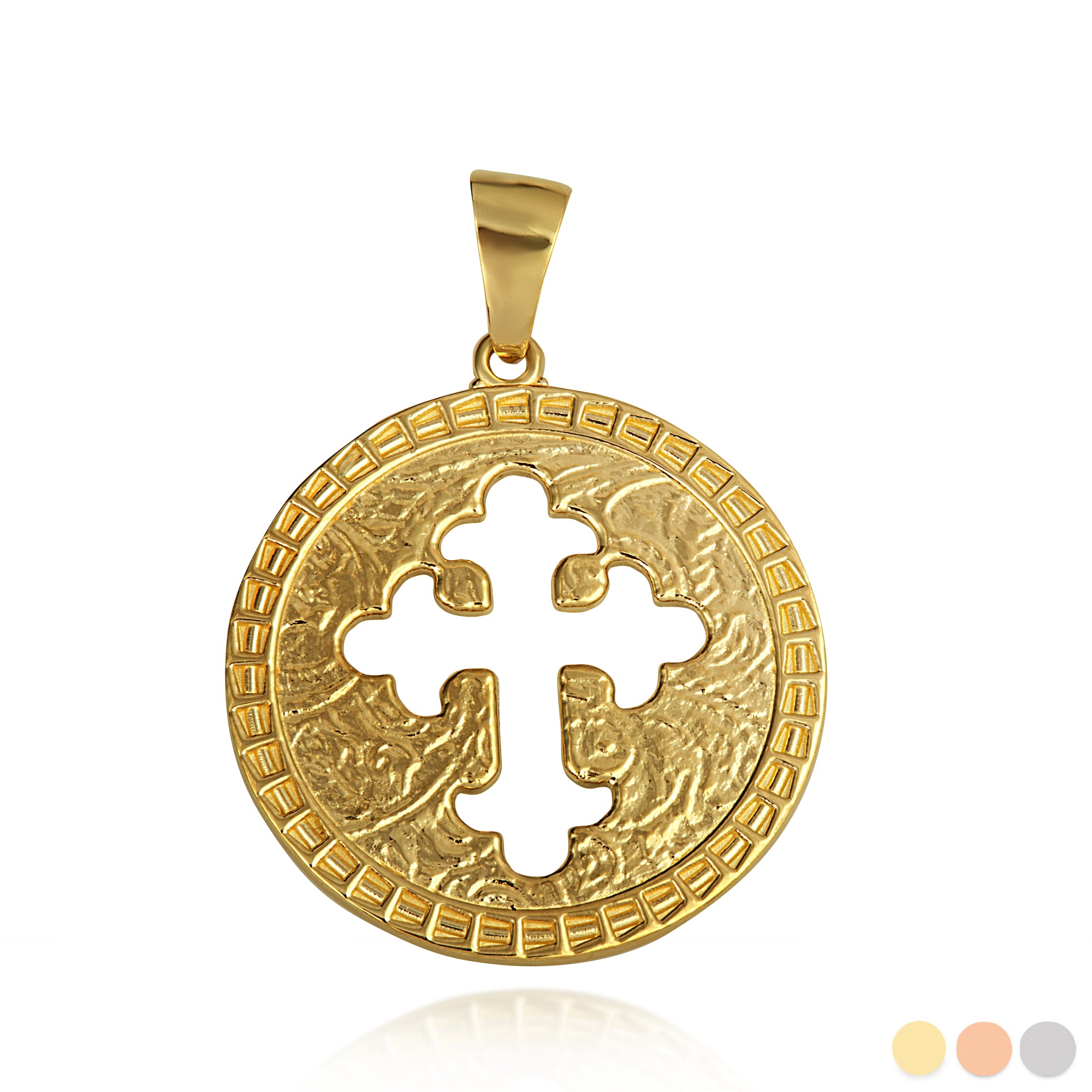 Gold Budded Cross Medallion Pendant Necklace