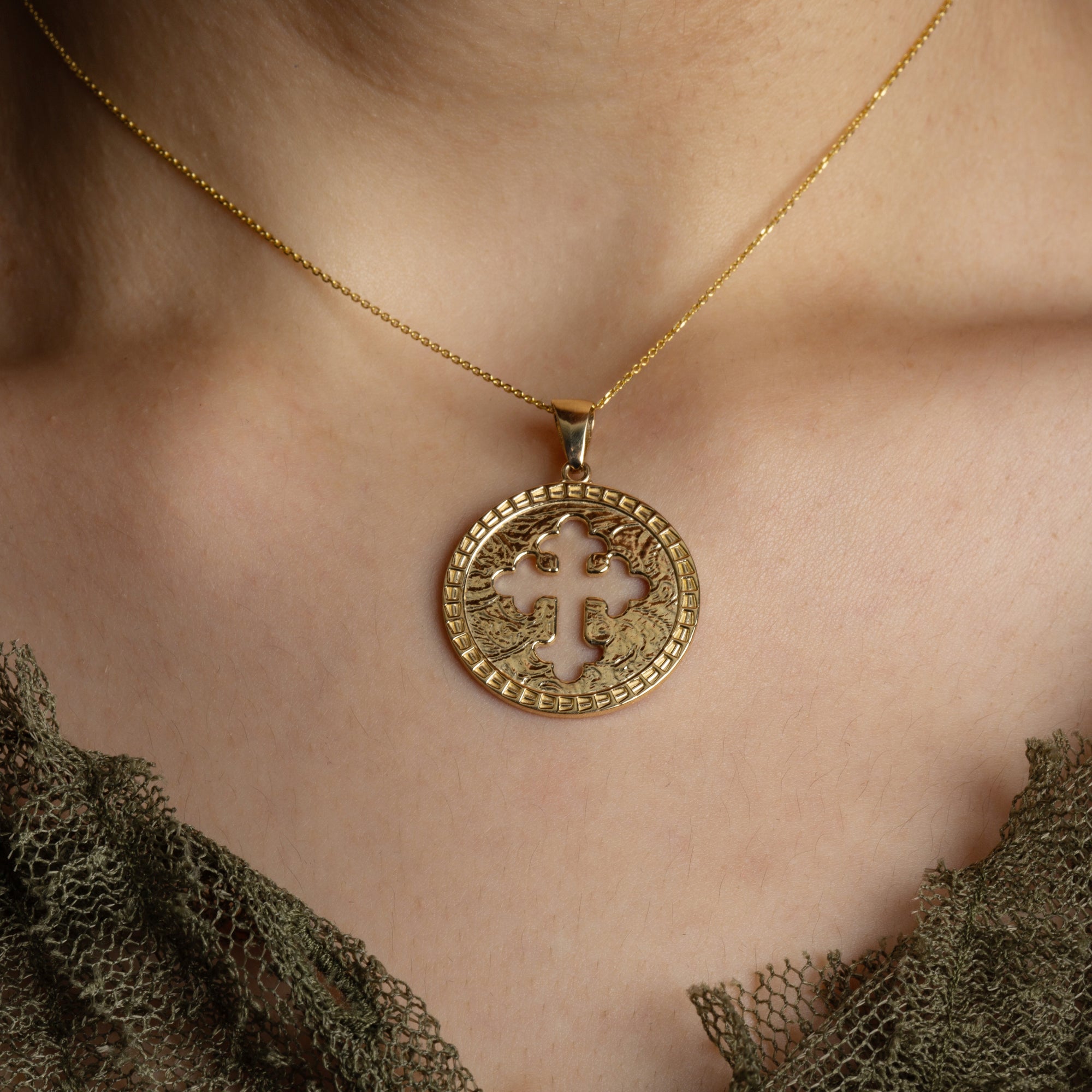 Gold Budded Cross Medallion Pendant Necklace, view 4