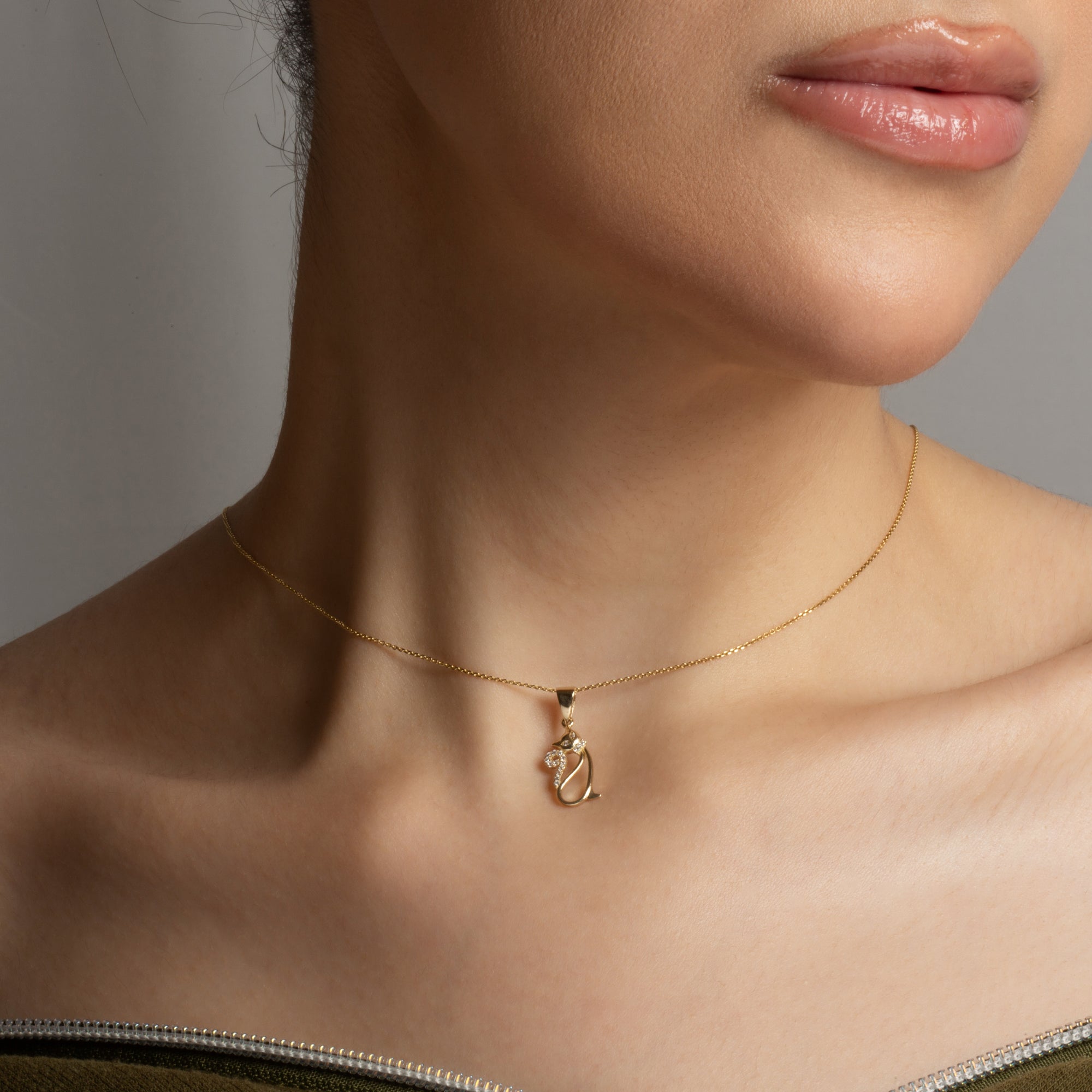 Gold Cat Silhouette Studded Pendant Necklace, view 2