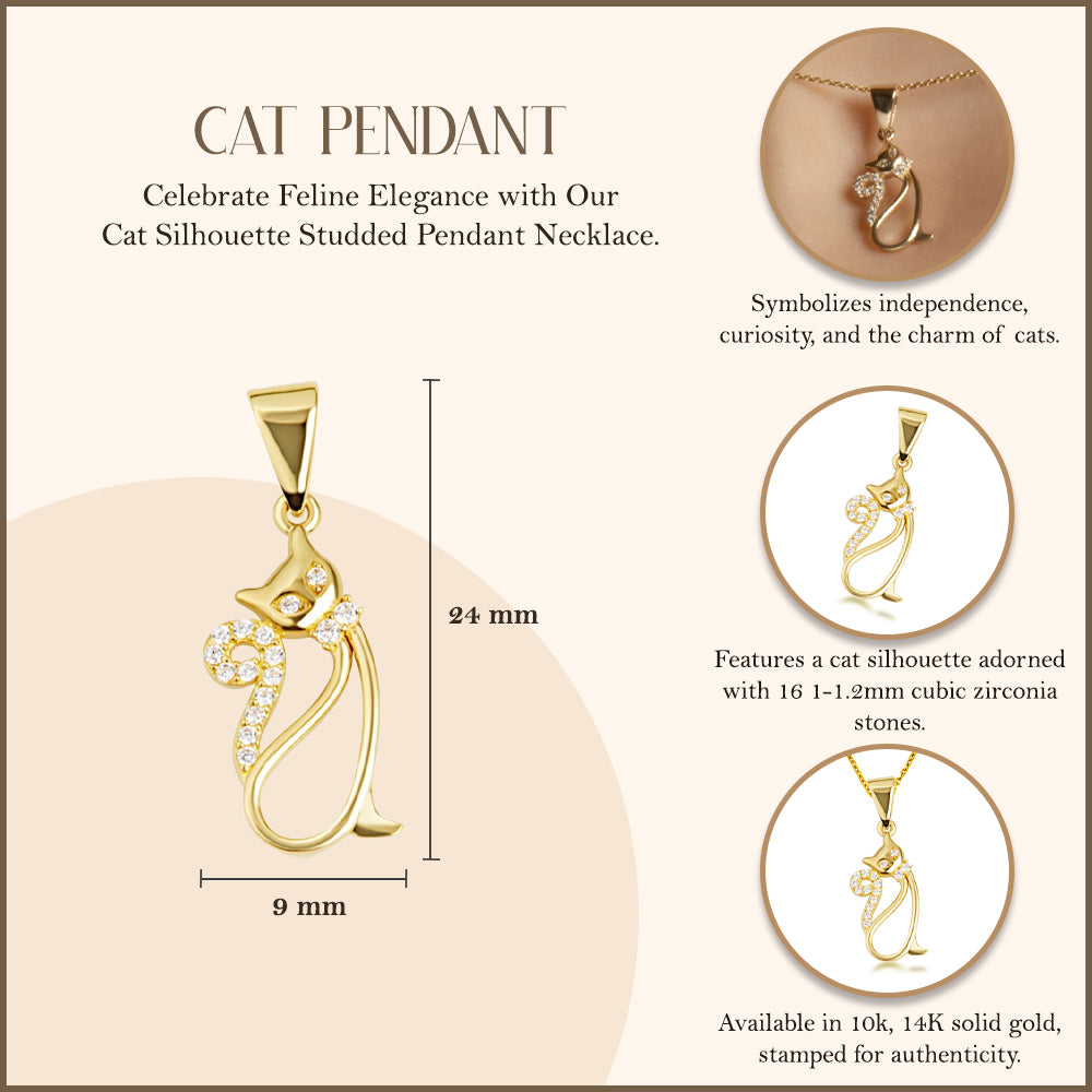 Gold Cat Silhouette Studded Pendant Necklace, view 3