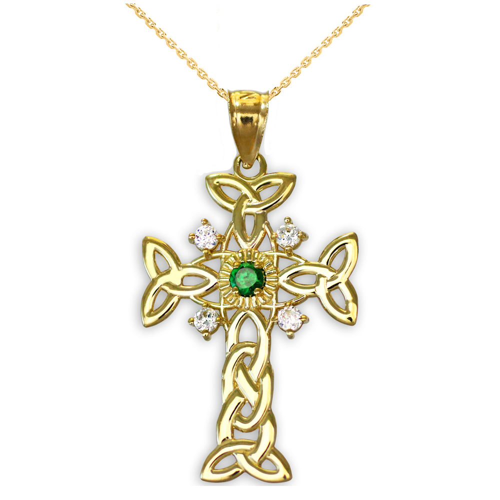 Gold Celtic Knot Trinity Cross Diamond Pendant Necklace with Genuine Emerald