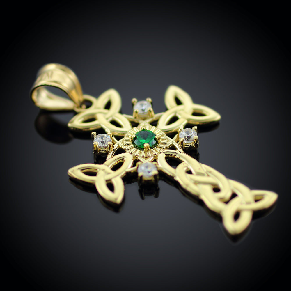 Gold Celtic Knot Trinity Cross Diamond Pendant Necklace with Genuine Emerald, view 2
