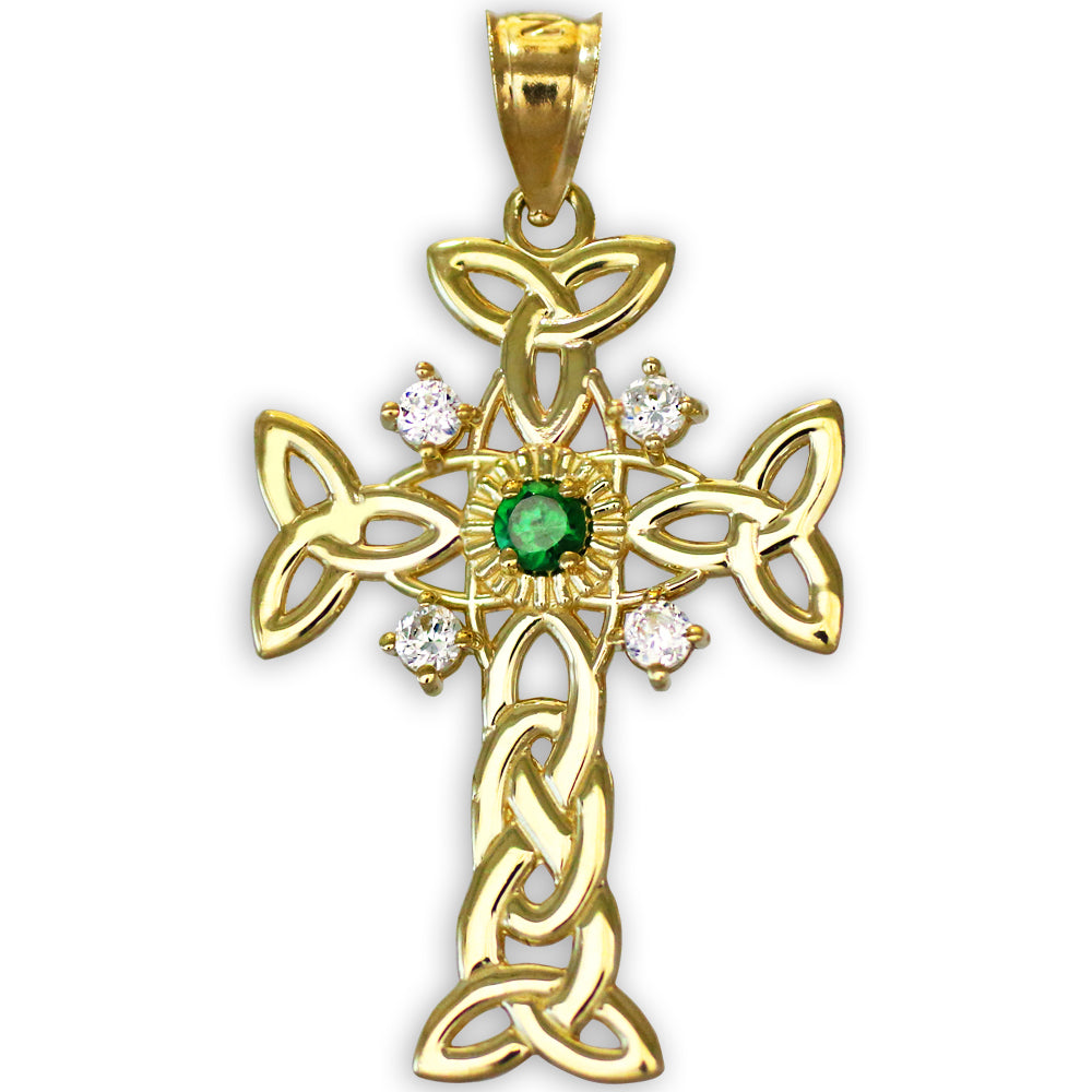 Gold Celtic Knot Trinity Cross Diamond Pendant Necklace with Genuine Emerald, view 3