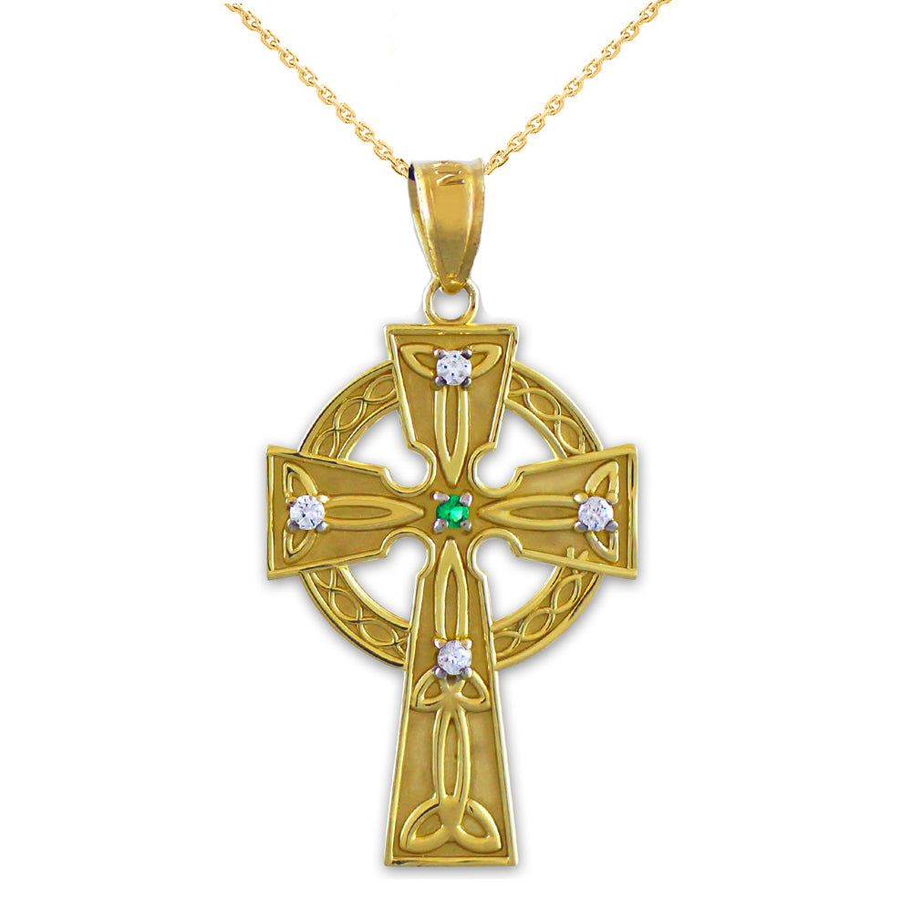 Gold Celtic Trinity Diamond Cross Pendant Necklace with Emerald