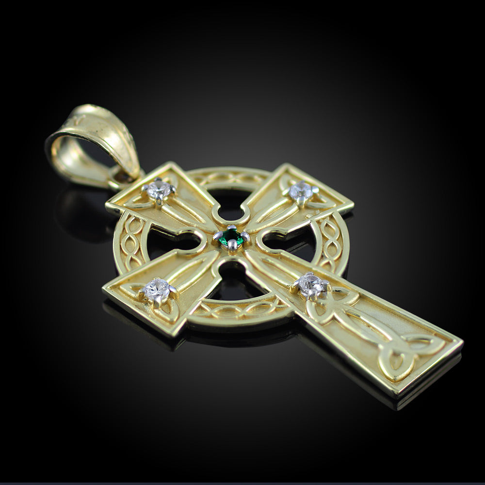 Gold Celtic Trinity Diamond Cross Pendant Necklace with Emerald, view 2