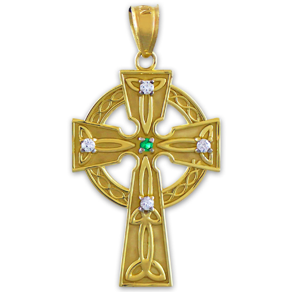 Gold Celtic Trinity Diamond Cross Pendant Necklace with Emerald, view 3