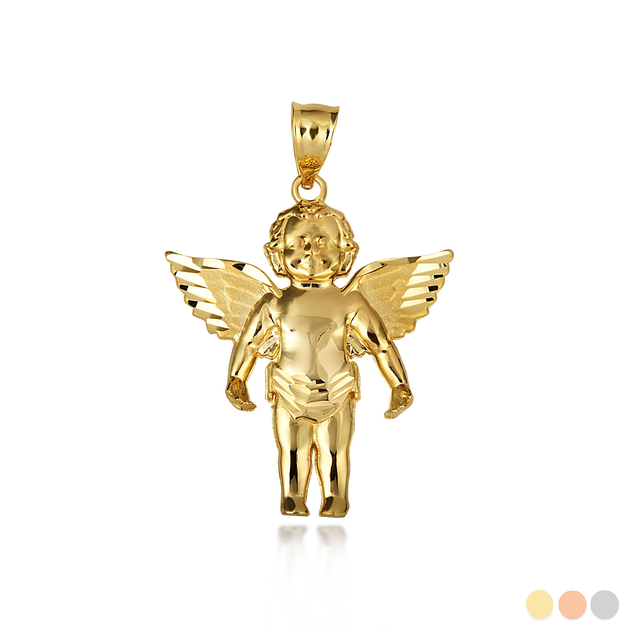 Gold Cherub Angel Wings Diamond Cut Pendant Necklace