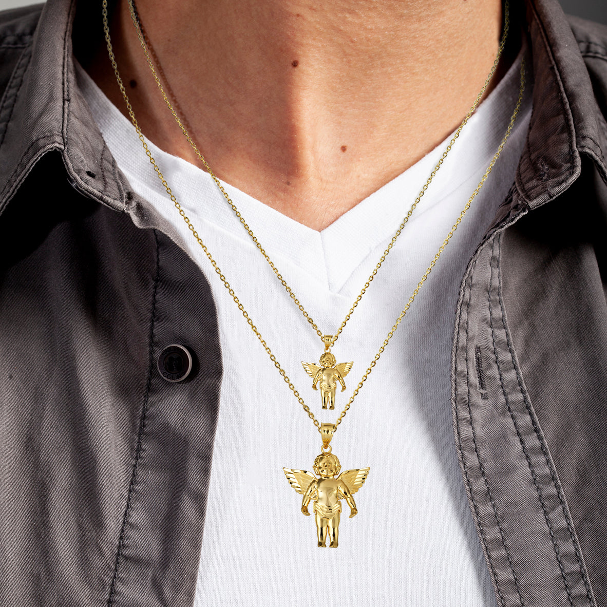 Gold Cherub Angel Wings Diamond Cut Pendant Necklace, view 2