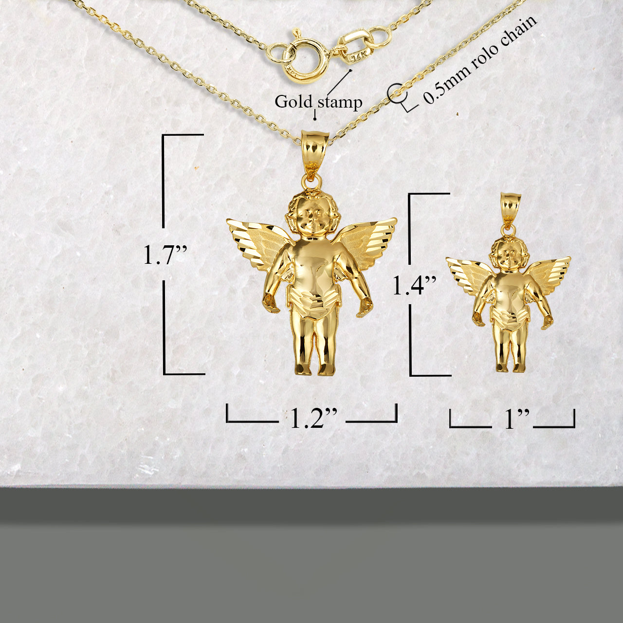 Gold Cherub Angel Wings Diamond Cut Pendant Necklace, view 3