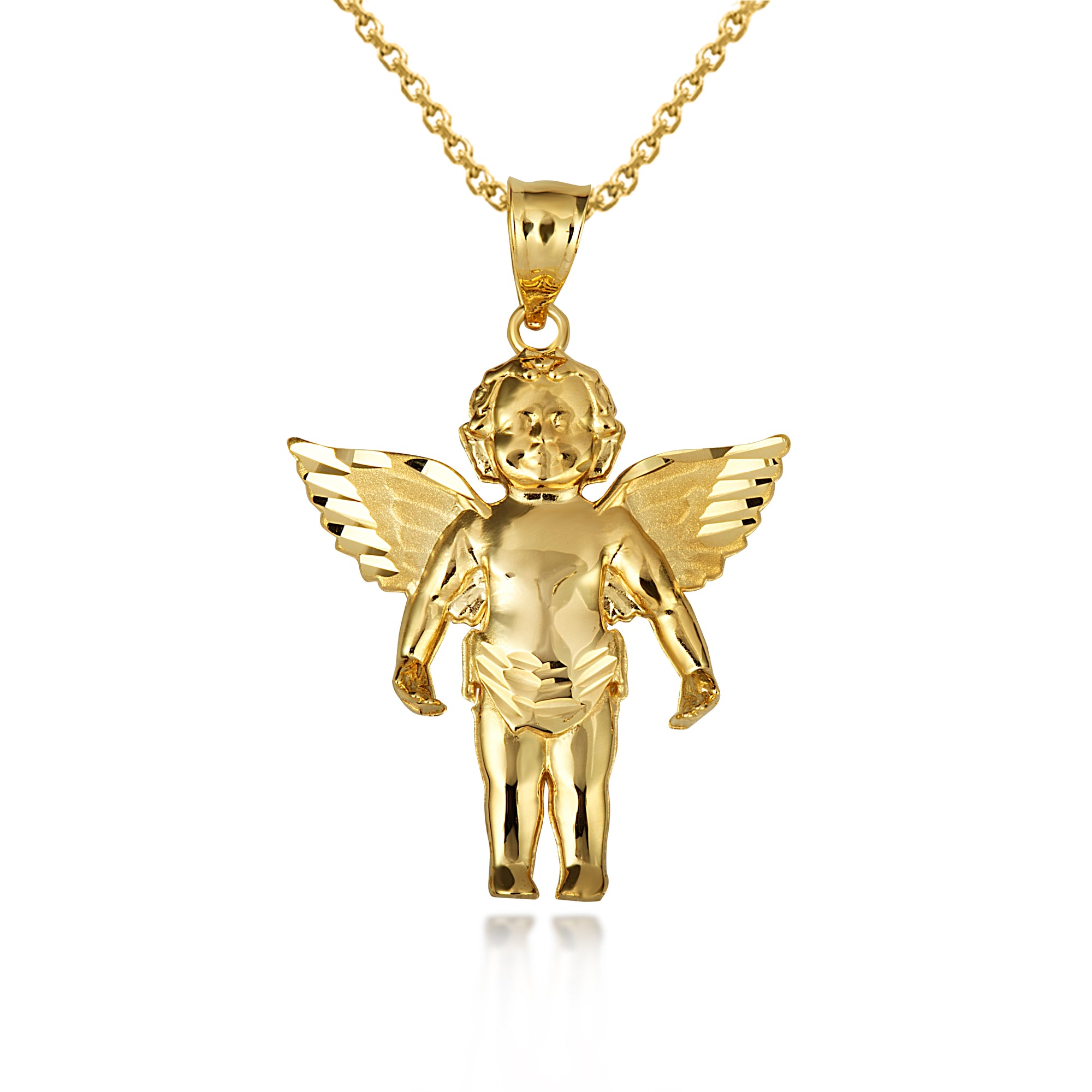 Gold Cherub Angel Wings Diamond Cut Pendant Necklace, view 4
