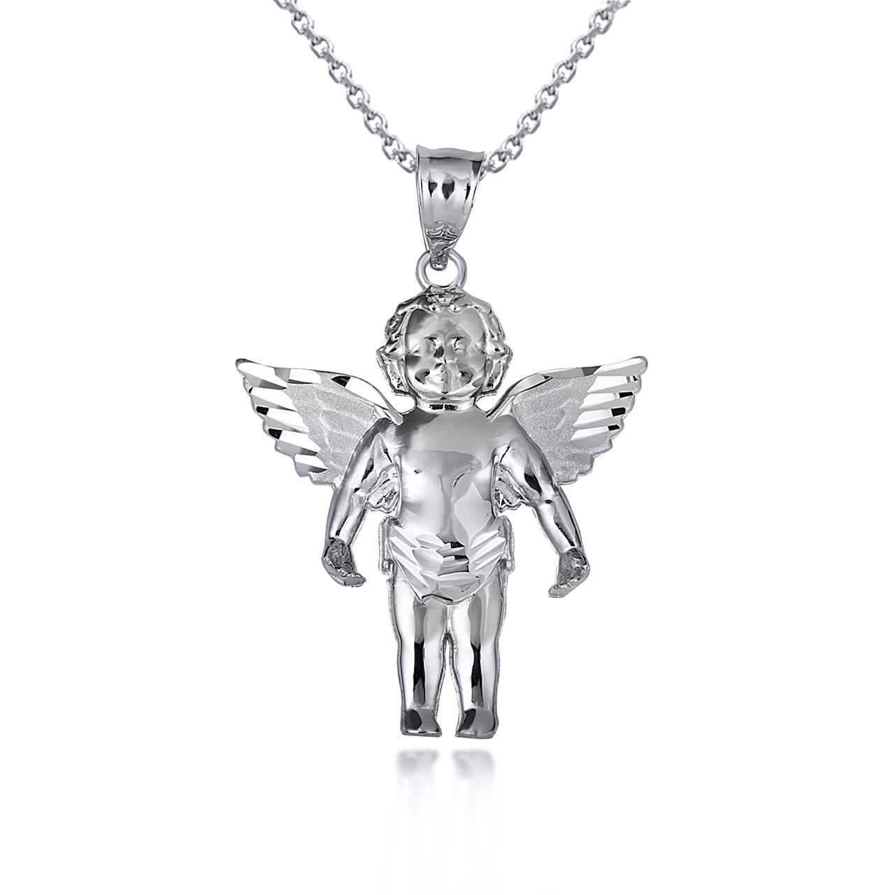 Gold Cherub Angel Wings Diamond Cut Pendant Necklace, view 6