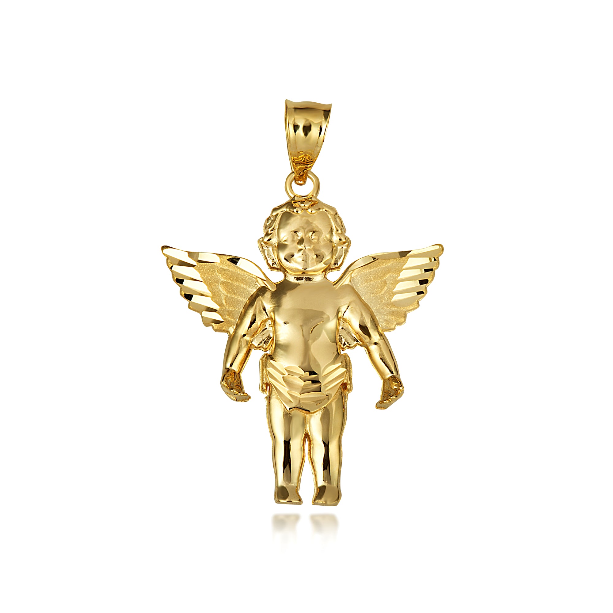 Gold Cherub Angel Wings Diamond Cut Pendant Necklace, view 9
