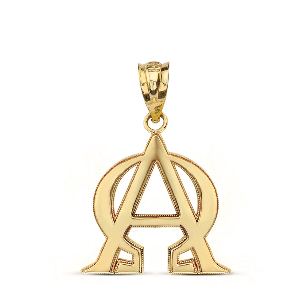 Gold Christian Alpha and Omega Symbol Milgrain Pendant Necklace, view 2