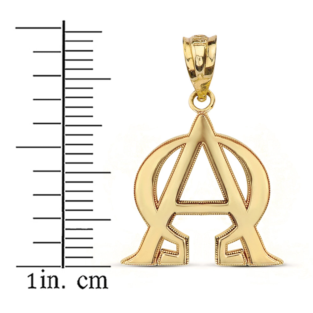 Gold Christian Alpha and Omega Symbol Milgrain Pendant Necklace, view 3