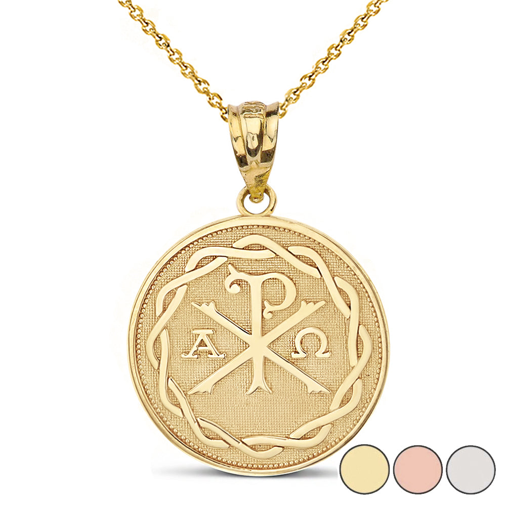 Gold Christian Chi Rho Alpha and Omega Symbol Beaded Medallion Pendant Necklace