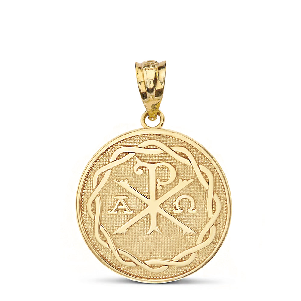 Gold Christian Chi Rho Alpha and Omega Symbol Beaded Medallion Pendant Necklace, view 2