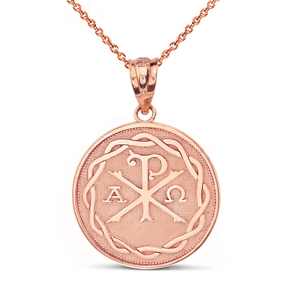 Gold Christian Chi Rho Alpha and Omega Symbol Beaded Medallion Pendant Necklace, view 4