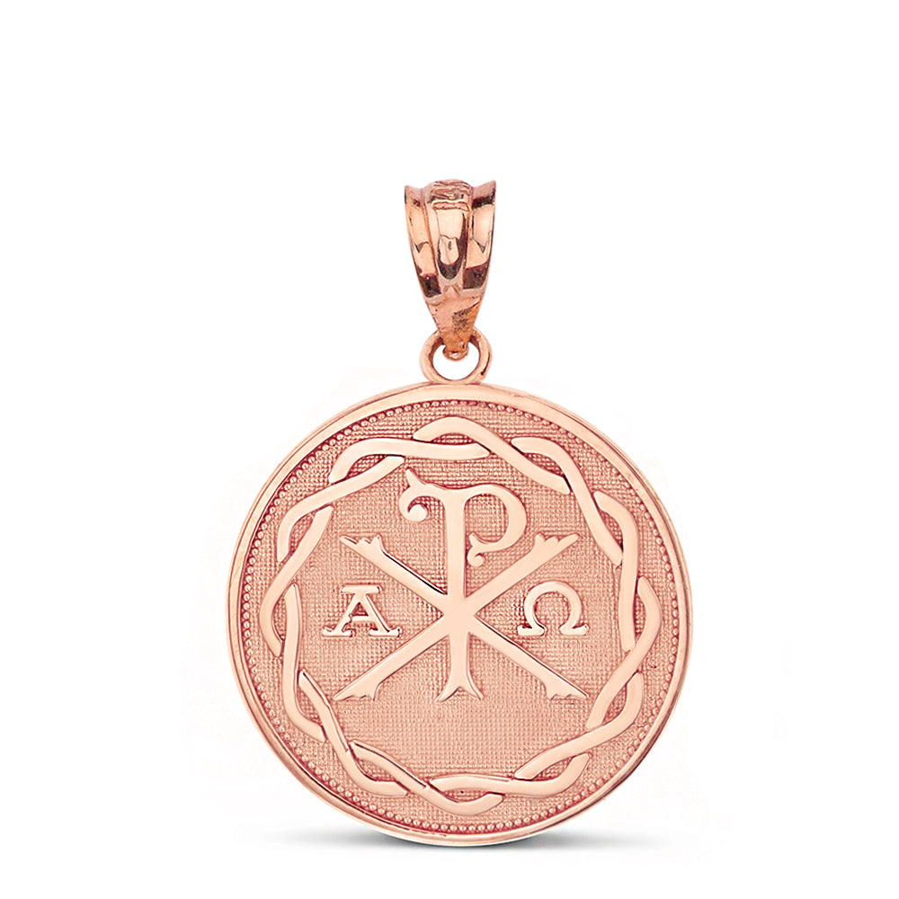 Gold Christian Chi Rho Alpha and Omega Symbol Beaded Medallion Pendant Necklace, view 5