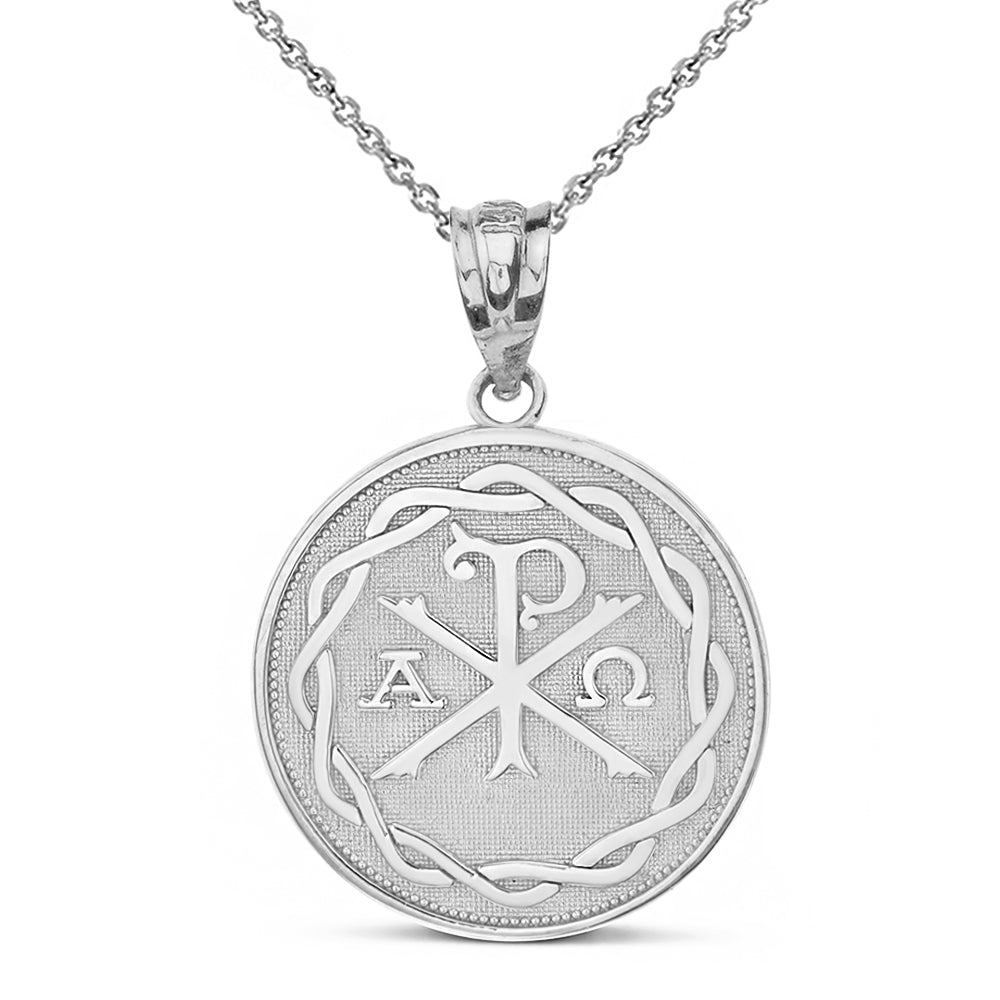 Gold Christian Chi Rho Alpha and Omega Symbol Beaded Medallion Pendant Necklace, view 6