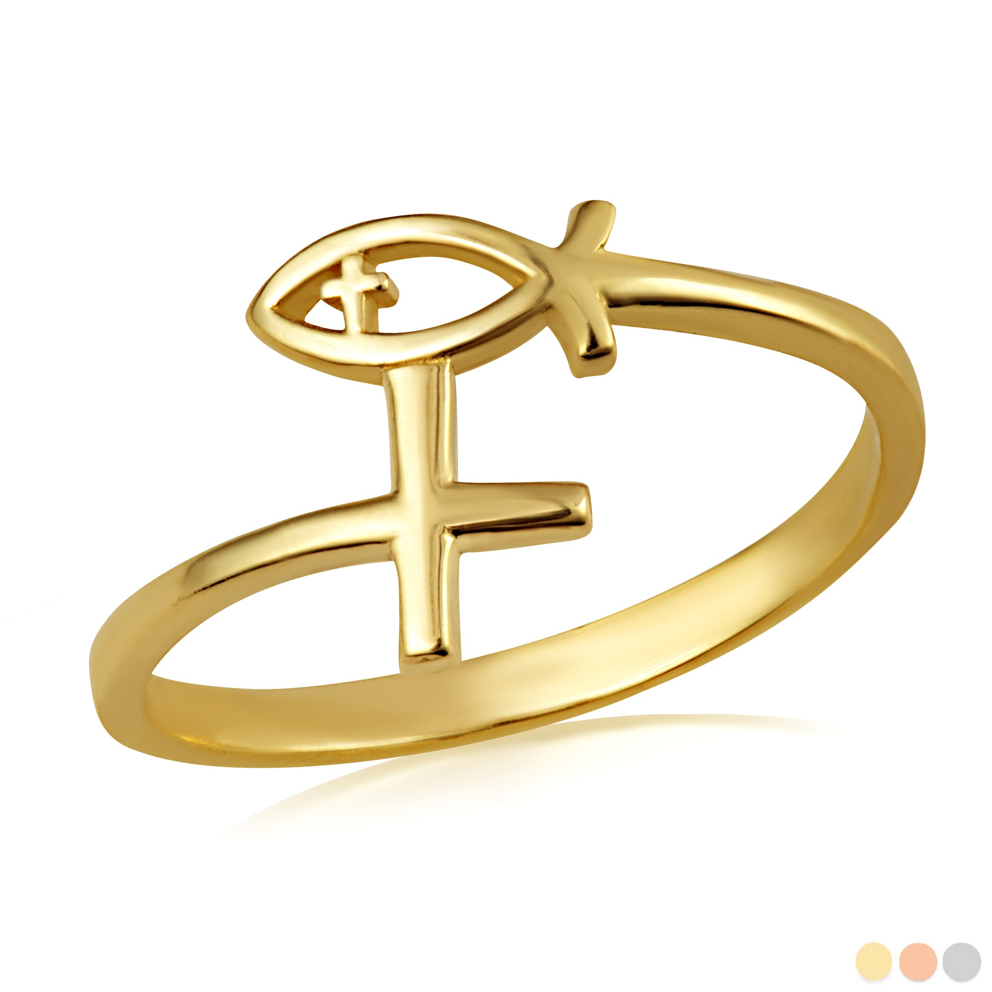 Gold Christian Ichthys Jesus Fish Cross Wraparound Band Ring