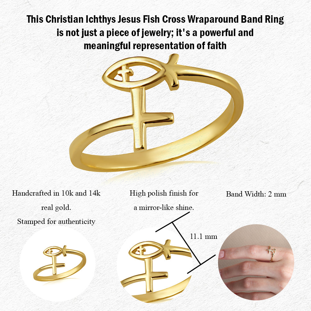 Gold Christian Ichthys Jesus Fish Cross Wraparound Band Ring, view 3