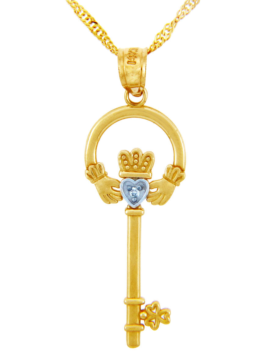 Gold Claddagh Key Pendant with Diamond