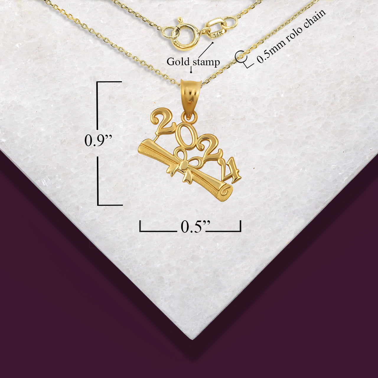Gold Class Of 2024 to 2027 Graduation Diploma Ribbon Pendant Necklace, view 4