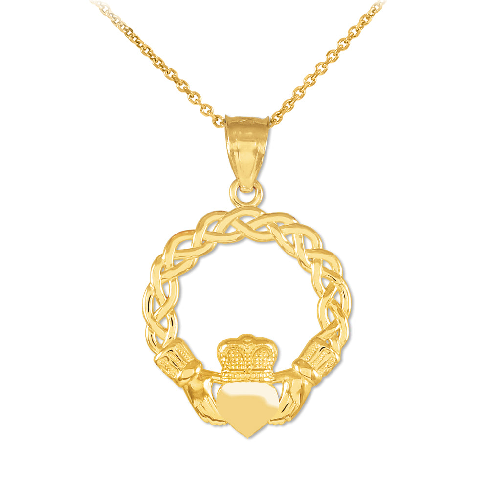 Gold Classic Braided Claddagh Charm Pendant Necklace