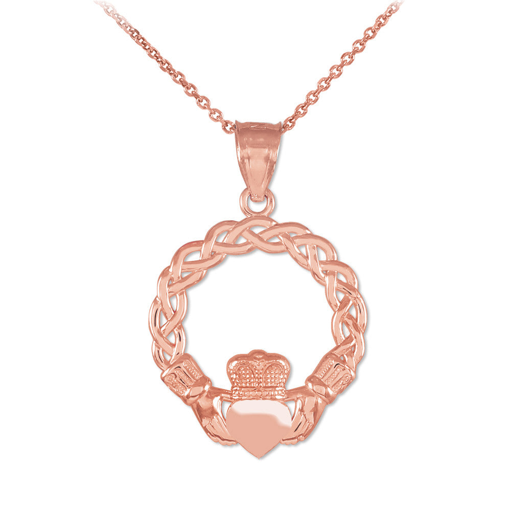 Gold Classic Braided Claddagh Charm Pendant Necklace, view 2