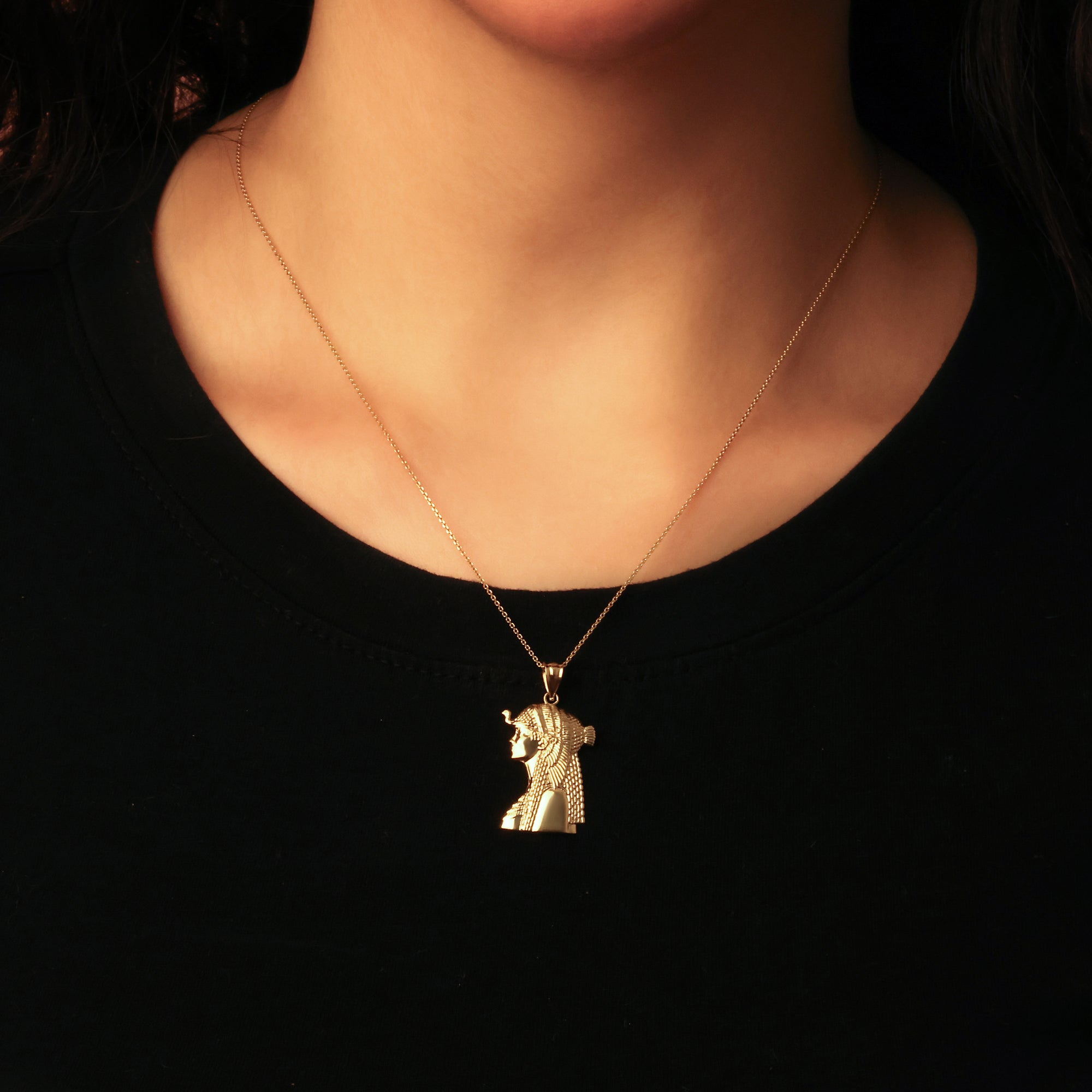 Gold Cleopatra Egyptian Queen Pendant Necklace, view 2