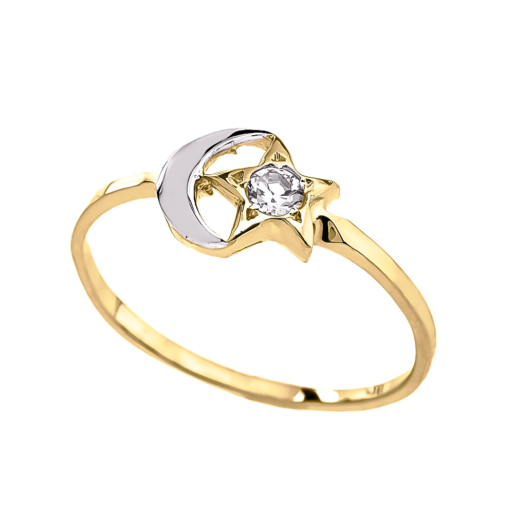 Gold Crescent Moon and Star CZ Ring