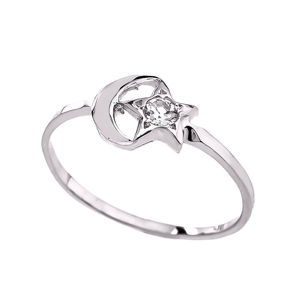 Gold Crescent Moon and Star CZ Ring, view 2