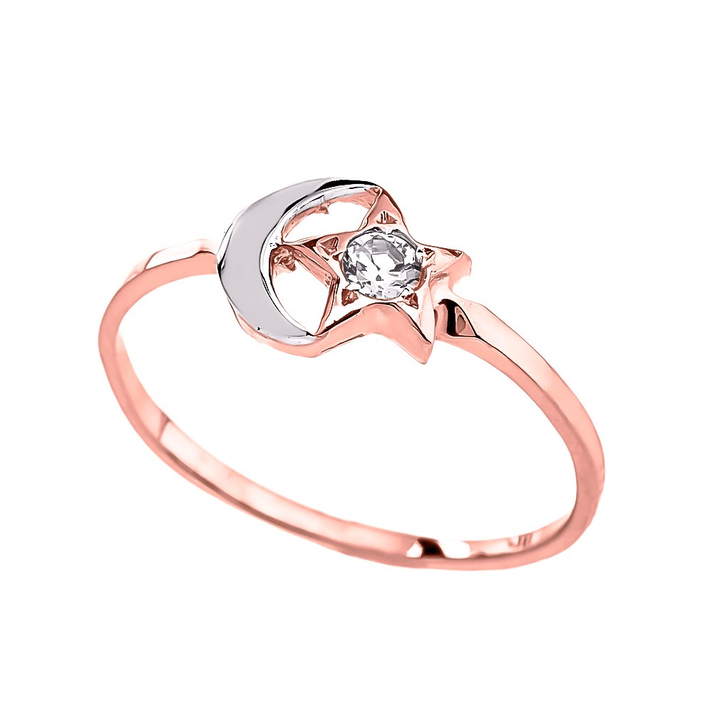 Gold Crescent Moon and Star CZ Ring, view 3