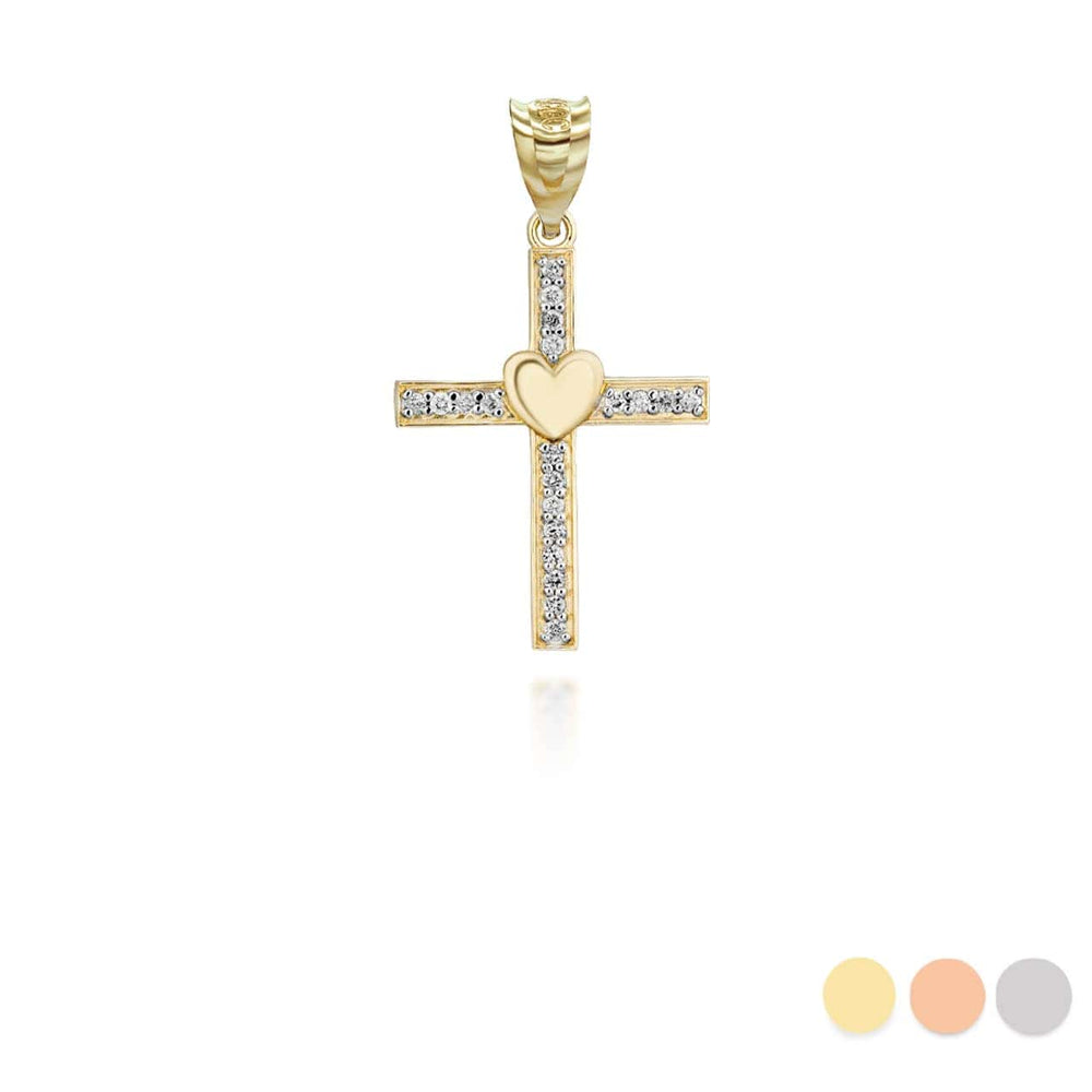 Gold Cross Heart Diamond Pendant Necklace