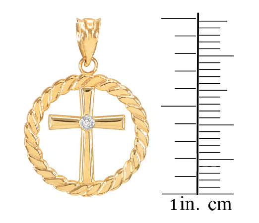 Gold Cross with Diamond Circle Rope Pendant Necklace, view 2