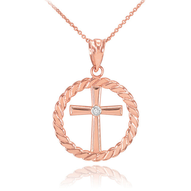 Gold Cross with Diamond Circle Rope Pendant Necklace, view 3