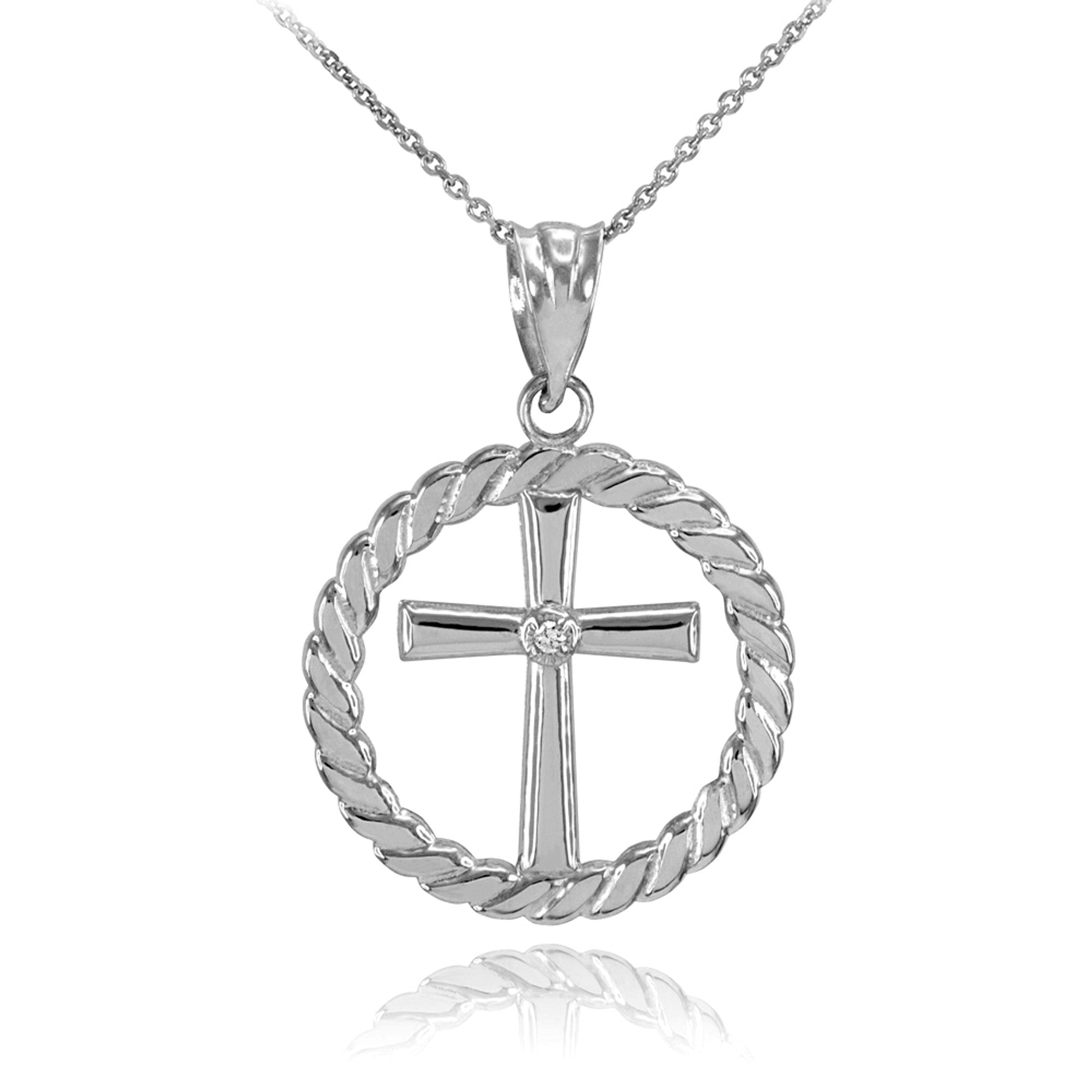 Gold Cross with Diamond Circle Rope Pendant Necklace, view 4