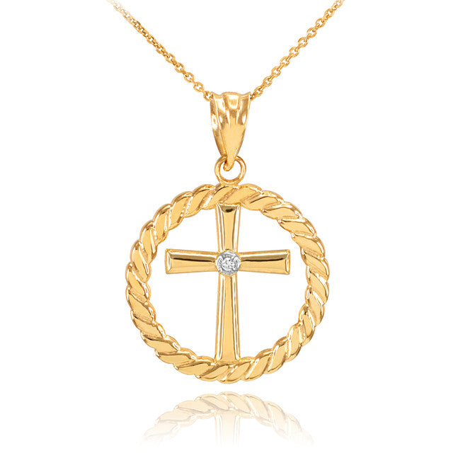 Gold Cross with Diamond Circle Rope Pendant Necklace, view 5