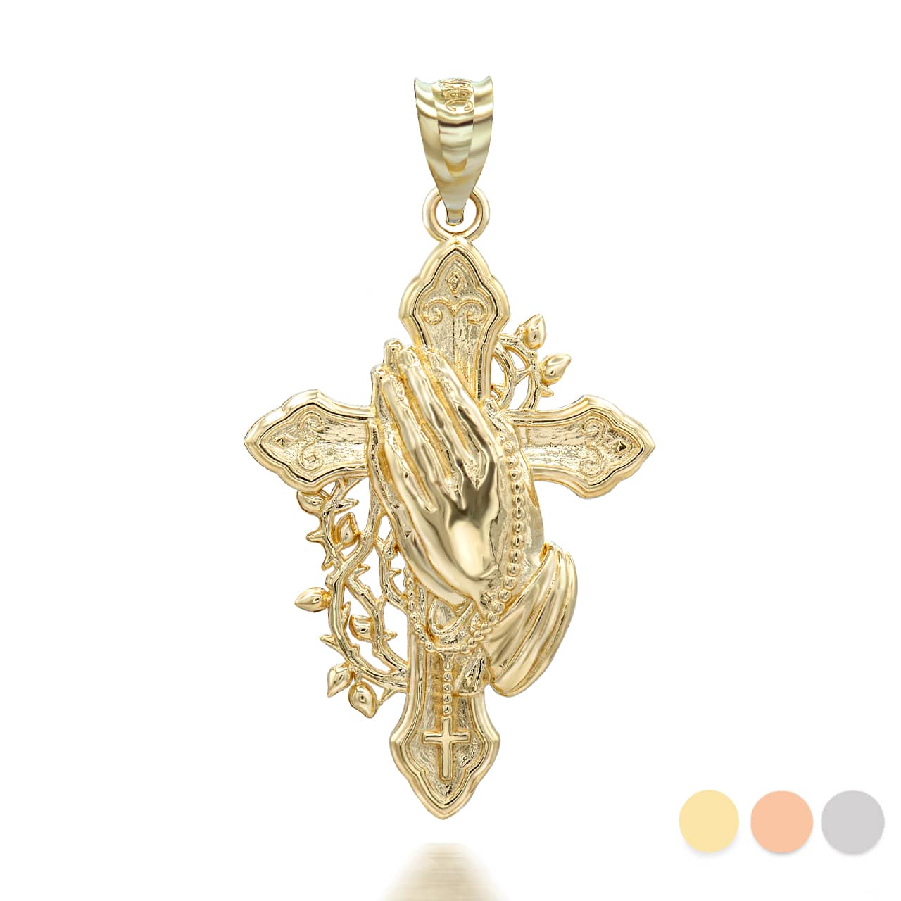 Gold Cross with Praying Hands Rosary Pendant Necklace