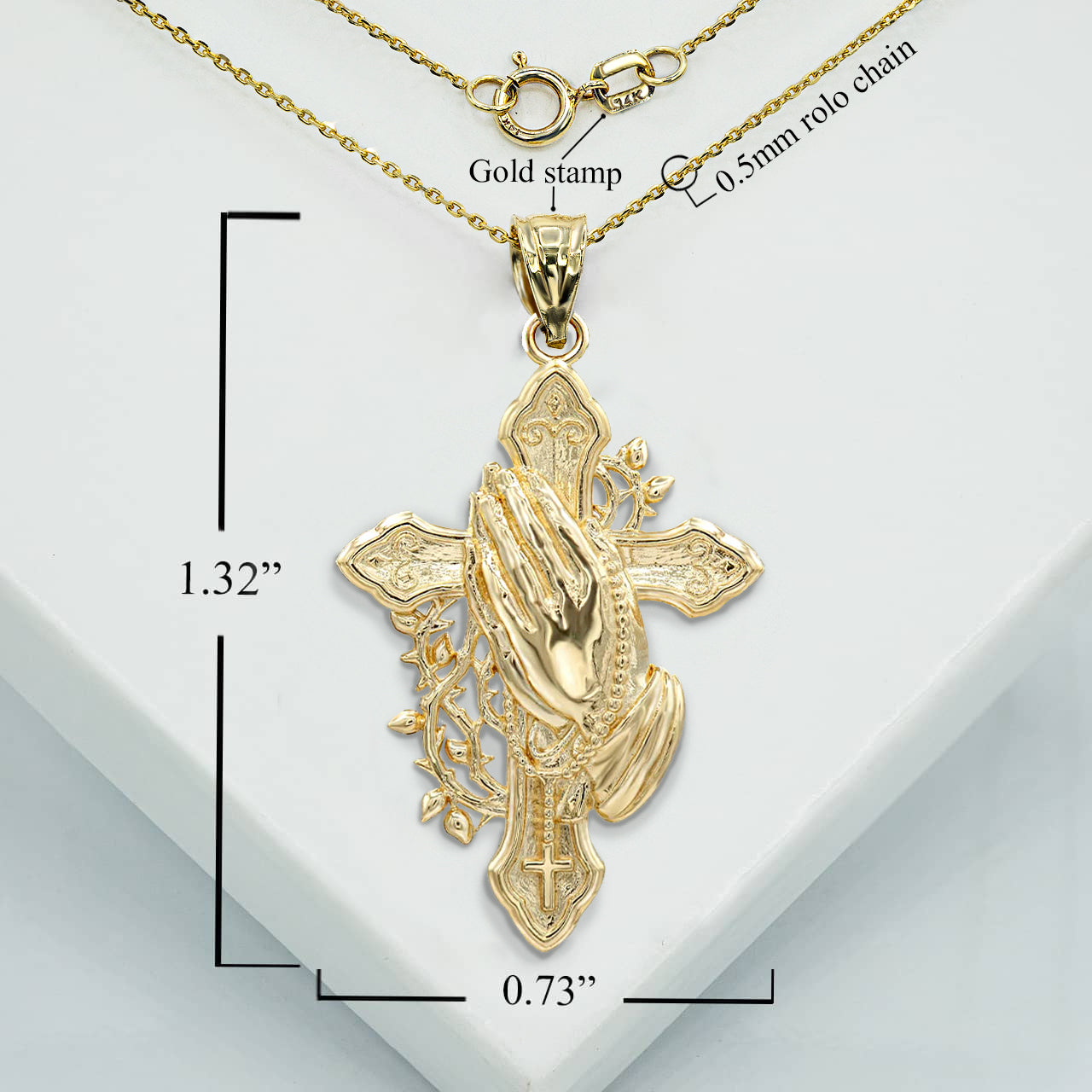 Gold Cross with Praying Hands Rosary Pendant Necklace, view 3