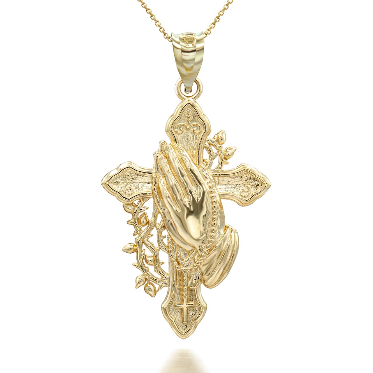 Gold Cross with Praying Hands Rosary Pendant Necklace, view 4