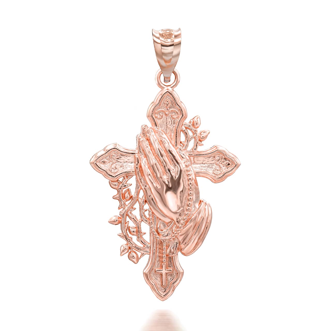 Gold Cross with Praying Hands Rosary Pendant Necklace, view 5