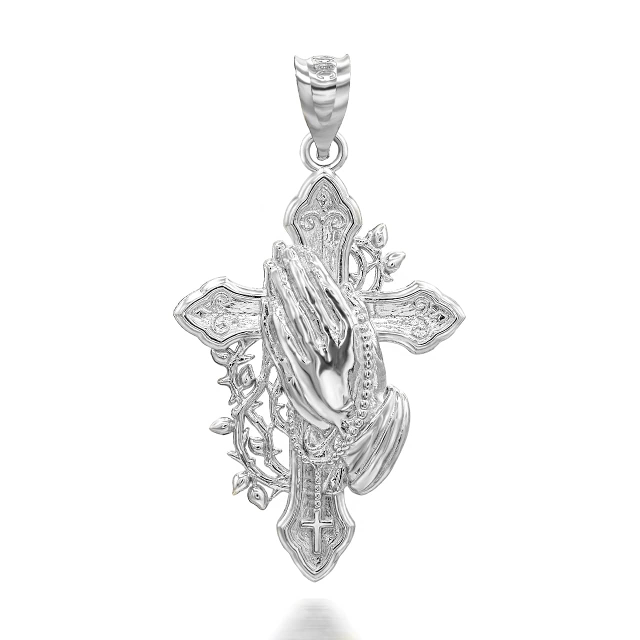 Gold Cross with Praying Hands Rosary Pendant Necklace, view 7