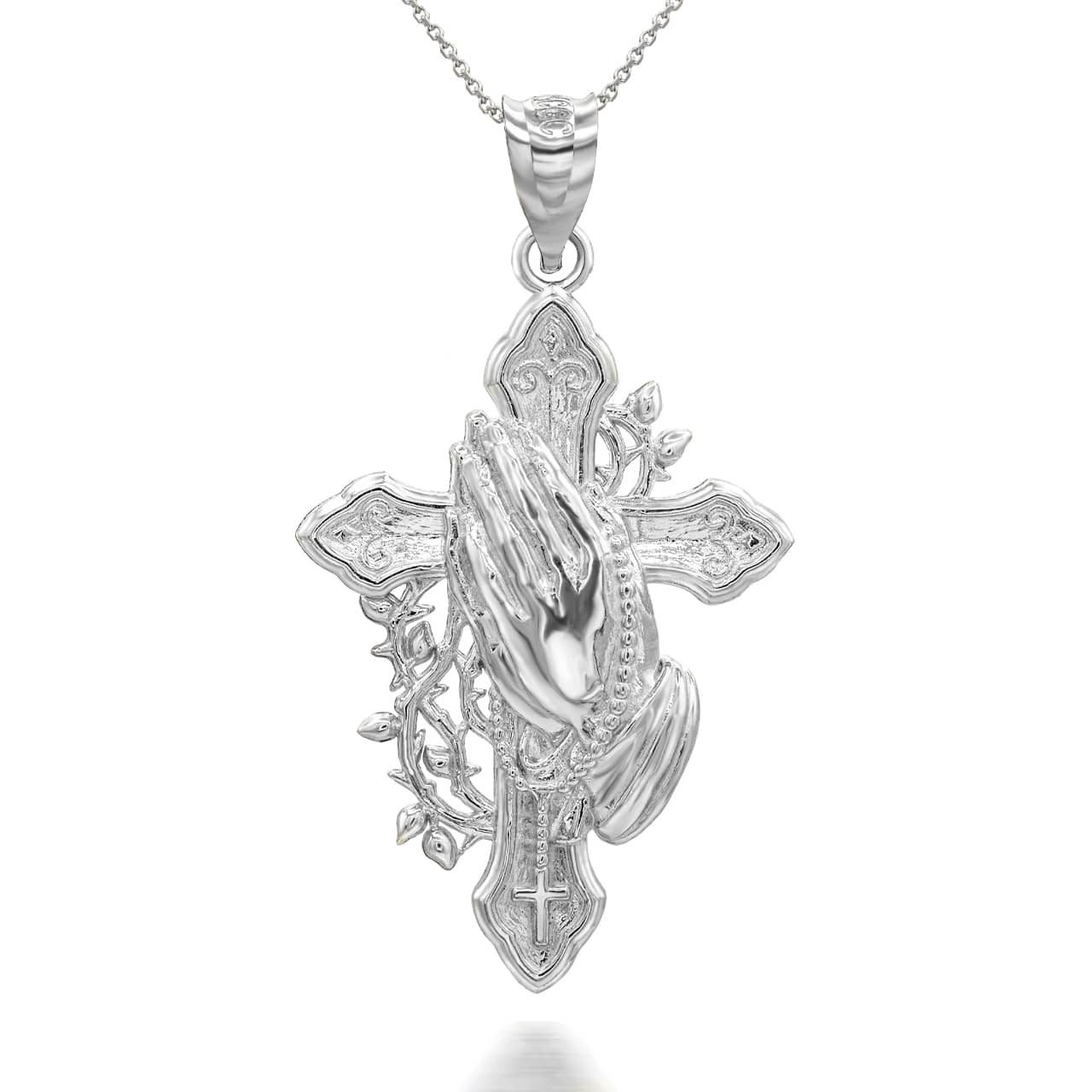 Gold Cross with Praying Hands Rosary Pendant Necklace, view 8
