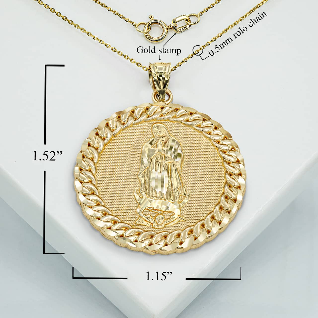 Gold Cuban Framed Guadalupe Pendant Necklace, view 3